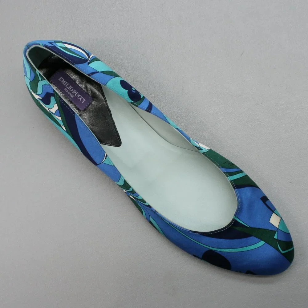 Emilio Pucci 41 Ladies 10.5-11 Blue Teal Silk Ballet Flats Low Heels Shoes Italy - Picture 7 of 12
